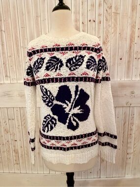 Tommy Bahama White Floral Knit Sweater with Navy Pattern